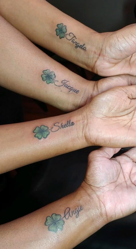 Irish Twin Tattoo Ideas, Four Leaf Clover Tattoo With Names, Matching Four Leaf Clover Tattoos, Shamrock Memorial Tattoo, Four Leaf Clover Tattoo Meaning, Clover Memorial Tattoo, Four Leaf Clover Tattoo For Men, 4 Leaf Clover Tattoo For Women, Four Leaf Clover Tattoo Design