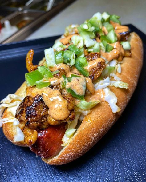 Buldogis Gourmet Hot Dogs on Instagram: “Spicy pork bulgogi, Asian slaw, jalapeños and fiery aioli makes our "Angry Dog" one of the most popular menu items! ⁣ ⁣ We have limited…” Korean Sandwich, Gourmet Hot Dogs, Extreme Food, Refreshing Drinks Recipes, Hot Dog Recipes, Spicy Pork, Food Babe, Bulgogi, Animal Photos