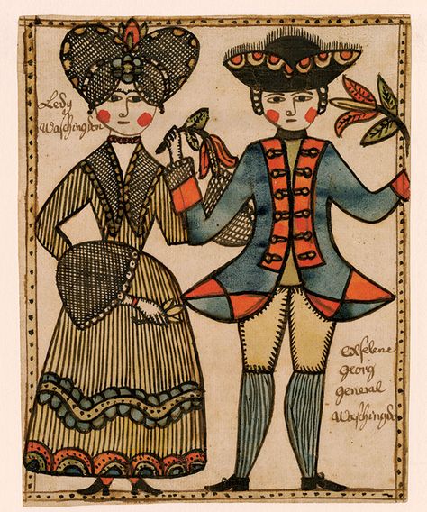 An 18th-century fraktur created in Pennsylvania depicts George and Martha Washington. The folk art drawing, rendered in watercolor and ink, is attributed to a Sussel-Washington Artist whose work has been complimented for its sureness and precision. Museum Statues, Inexpensive Art, Rococo Art, Arte Folk, Victorian Bedroom, Pierre Bonnard, Luxor Egypt, Free Printable Art, Antique Show