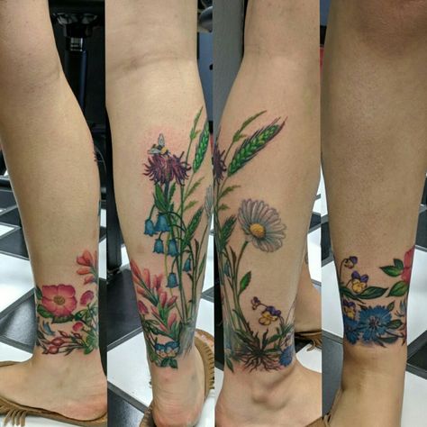 brittsink | Wildflower leg calf piece cover up color flower tattoo | Tattoodo Colored Leg Sleeve Tattoo Women, Calf Piece Tattoo, Colored Ankle Tattoo, Flower Leg Tattoos Women Calves, Color Leg Tattoos, Garden Ankle Tattoo, Garden Leg Tattoo, Flower Leg Tattoos Women Color, Wild Flower Calf Tattoo