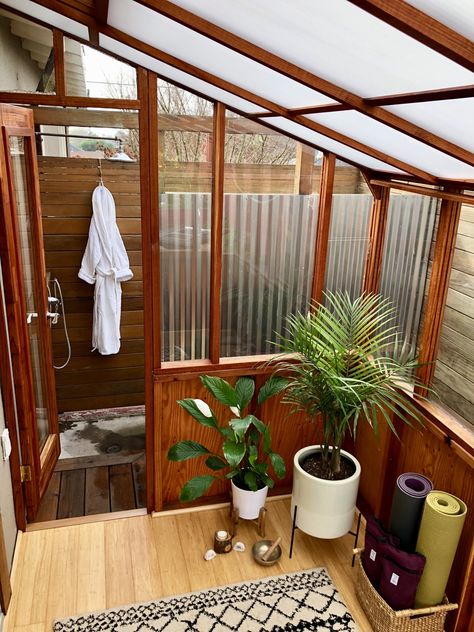 Greenhouse as yoga studio by Sturdi-Built Greenhouse Outdoor Greenhouse Bathroom, Greenhouse Bathroom Ideas, Sauna In Greenhouse, Tiny Home Greenhouse, Yurt Yoga Studio, Greenhouse Yoga Studio, Yoga Greenhouse, Bathroom Greenhouse, Yoga Bathroom