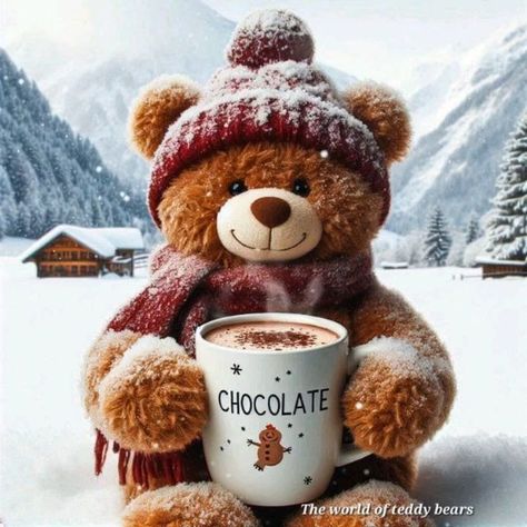 Sylvie Callisto on Instagram: "In a snowy chalet, a little teddy bear named Benny has prepared his favorite treat: hot chocolate. He stirred the cocoa carefully, then poured it into his little cup, topping it with a fluffy marshmallow. Nestled in his chair by the fire, Benny took a happy sip, feeling warm and cozy.  As the snow fell gently outside, Benny sighed contently. Wrapped in his blanket, his paws around the warm cup, he felt like the happiest teddy bear in the world. With a smile, he finished his chocolate and fell asleep, dreaming of snowy nights and more hot chocolate.🤗🐻🤎🧸   Creation from the world of teddy bears 🤗  #klingai #klingaiofficial #aiart #animationart" Snow Good Morning, Teddy Bear Treats, Christmas Cartoon Pictures, Teddy Bear Chocolate, Bear Jokes, Thanksgiving Books, Teddy Bear Images, Teddy Bear Pictures, Fell Asleep