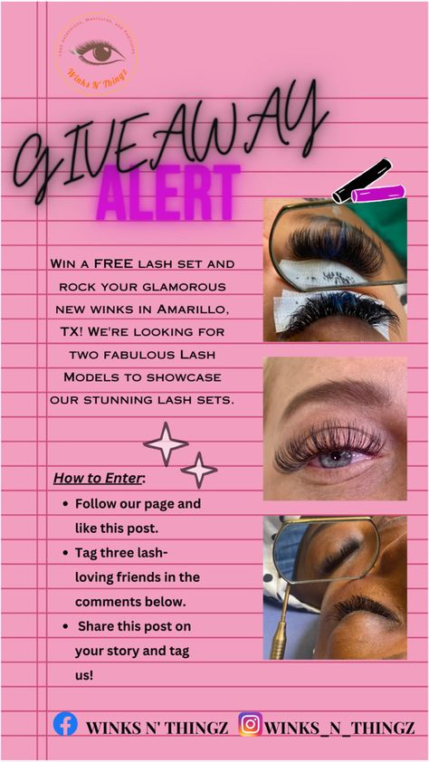 That’s it! Follow these simple steps, and you could be one of the lucky winners of our amazing lash sets. (2) Winners will be announced on 8/14 #giveaway #lashgiveaway #lashextensions #amarillotx #lashmodelsneeded #lashlove #glamorouswinks Lash Deals Ideas, Lash Discount Ideas, Lash Giveaway Ideas, Lash Extension Promotion Ideas, Lash Extension Giveaway Ideas, Lash Extention Promotions, Lash Extensions Ideas, Lash Giveaway, Lash Extensions Promotion