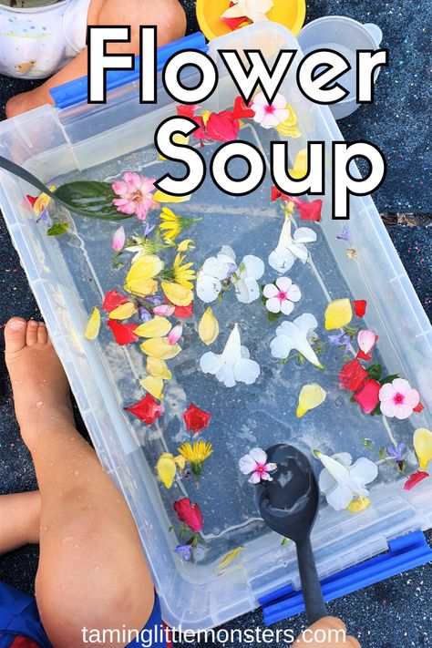 Outdoor Water Sensory Bin, Toddler Spring Sensory Bin, April Sensory Activities, Garden Themed Sensory Bin, Garden Sensory Bin For Toddlers, Outside Sensory Bins, Spring Play Ideas, Spring Activity Ideas, Weather Theme Art Preschool