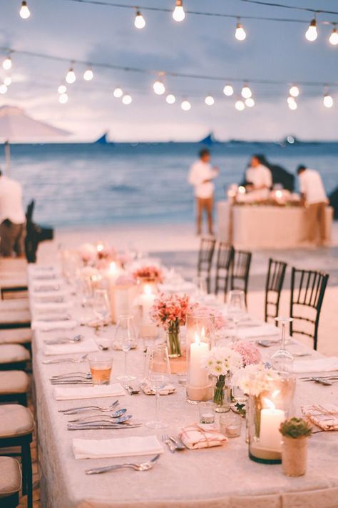 long set table, with cutlery and plates, glasses and candles, small flower bouqu... long set table, with cutlery and plates, glasses and candles, smal... #bouqu #candles #cutlery #flower #glasses #long #plates Beach Wedding Tables, Beach Wedding Centerpieces, Rustic Wedding Decorations, Beach Wedding Reception, Romantic Wedding Ceremony, Destin Florida Wedding, Boho Beach Wedding, Beach Wedding Inspiration, Set Table