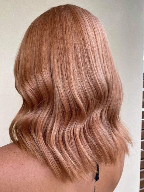 Beige Red Hair Color, Pinkish Strawberry Blonde Hair, Half Blonde Half Strawberry Blonde, Strawberry Peach Hair, Peachy Strawberry Blonde Hair, Peach Hair Balayage, Strawberry Blonde Hair Medium Length, Rose Ginger Hair, Strawberry Blonde Hair Cool Tone Skin