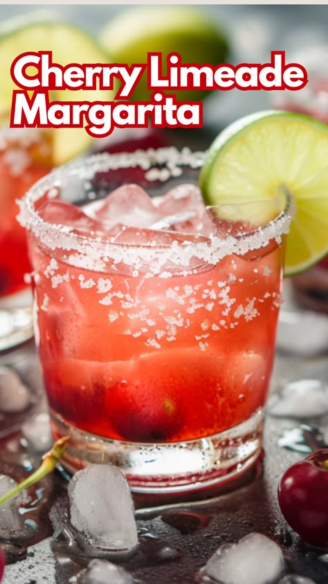 Cherry Limeade Margarita Cherry Limeade Margarita Recipe, Limeade Margarita Recipe, Frozen Lime Margarita Recipe, Limeade Margarita, Tequila Mixed Drinks, Lime Margarita Recipe, Bartender Drinks Recipes, Christmas Drinks Alcohol Recipes, Adult Beverages Recipes