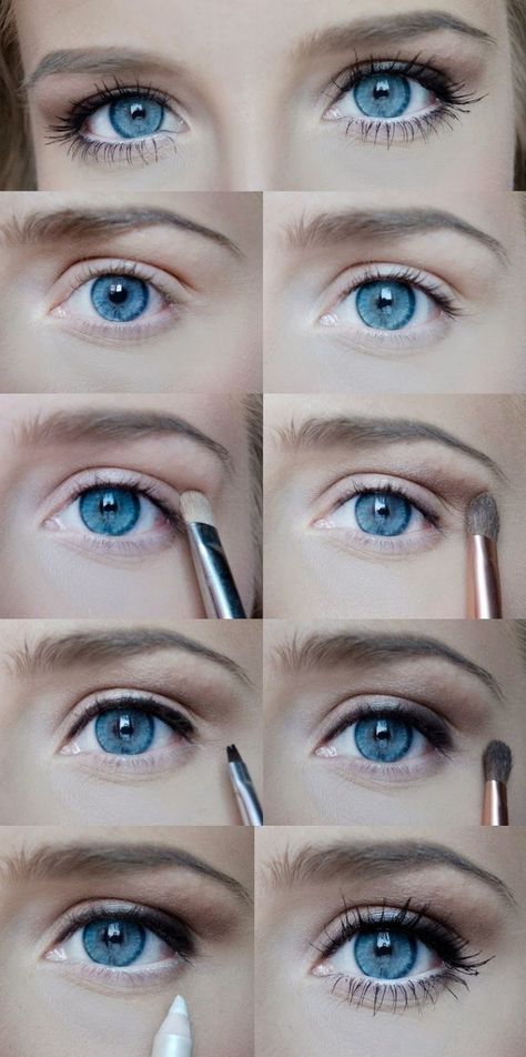 comment-se-maquiller-les-yeux-bleu-pinceau-crayon-blanc-yeux-eye-liner-mascara-noir-fards-a-paupieres-marron-étapes-a-suivre-maquillage Eyeliner For Big Eyes, Beach Wedding Makeup, Natural Eye Makeup Tutorial, Makeup Everyday, Bronze Makeup, Smokey Eye Makeup Tutorial, Makeup Tutorial Eyeliner, Glasses Makeup, Eye Makeup Steps