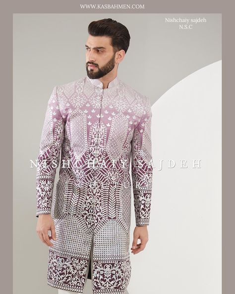 Our exclusive ombre shaded sherwani by N.S.C . Purple ombre shaded sherwani with intricate floral & kalamkari embroidery and detailed gota work. Shop now at www.kasbahmen.com Gota Work, Purple Ombre, Shop Now, Shades, Embroidery, Purple, Floral, Quick Saves