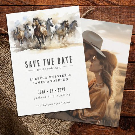 Rustic Wild Horses Ranch Equestrian Photo Wedding Save The Date #zazzle #weddinginvitations #birthdayinvitations #babyshowerinvitations #zazzleinvitations #monogram #businesscards #graduation #homedecor Western Wedding Invitation, Horses Watercolor, Country Save The Date, Cowgirl Bridal Shower, Horses Ranch, Western Wedding Invitations, Equestrian Wedding, Engagement Announcement Photos, Rustic Wedding Save The Dates