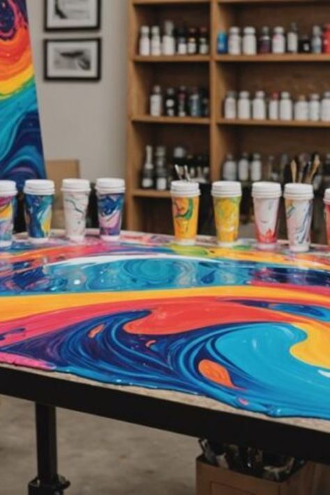 Colorful abstract painting on a table surrounded by paintbrushes and marbled coffee cups. Pouring Acrylic Paint, Acrylic Paint Pouring, Choosing Paint, Acrylic Pouring Techniques, Acrylic Craft Paint, Pour Art, Art Skills, Paint Pouring, Fluid Painting