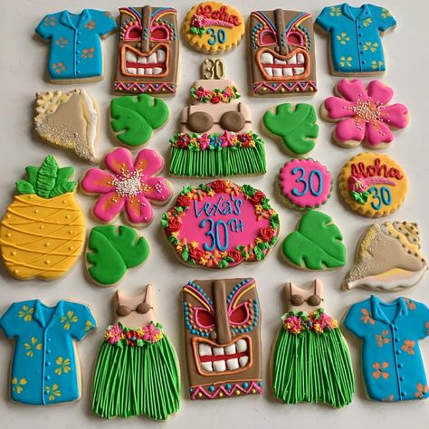 Luau Theme Cookies, Themed Cookies Ideas, Beach Theme Royal Icing Cookies, 50th Birthday Hawaiian Theme, Laua Theme Cookies, Hawaiian Birthday Cookies Decorated, Hawaii Theme Cookies, Pool Party Royal Icing Cookies, Luau Cookie Ideas