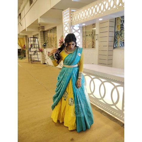 Half Saree Type Saree Draping, Cancan Saree Wedding, Can Can Saree Drape For Reception, Different Half Saree Draping Styles, Silk Saree Lehenga Style Draping, Saree Half Saree Draping, Saree In Half Saree Style, Lehenga Type Saree Draping, Saree As Half Saree