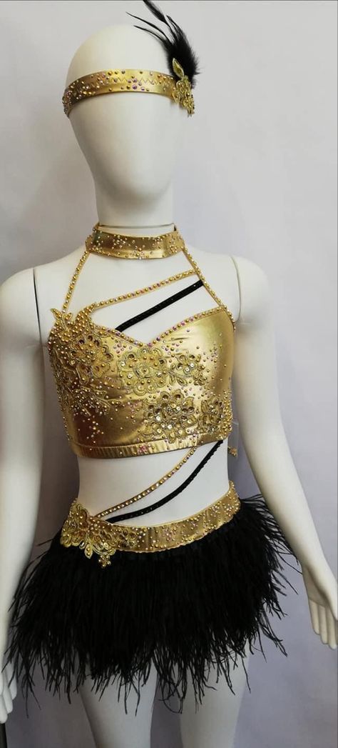 1920s Dance Costume, Musical Theatre Dance Costumes, Black Jazz Costume, Black And Gold Costume, Feather Jazz Costumes, Broadway Dance Costumes, Black And Gold Jazz Costume, Jazz Solo Costumes, Yellow Dance Costume Jazz