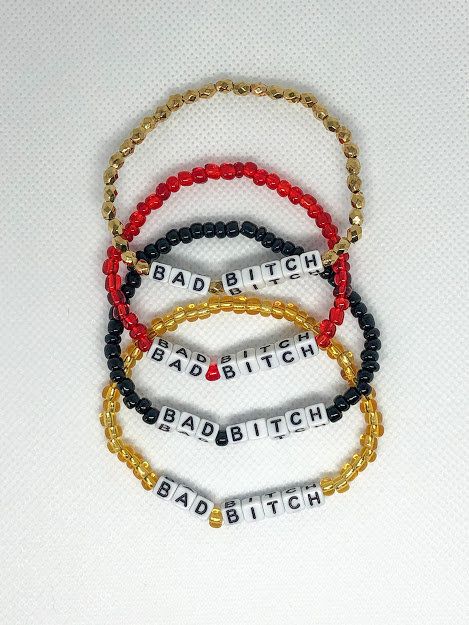 Word Bead Bracelet Funny, Bad Word Bracelets, Funny Beaded Bracelets, Letter Bracelet Beads Ideas Funny, Bead Bracelet Words Ideas Bad, Funny Bracelets Beads Words, Brace Ideas, Letter Bracelet Beads, Edgy Bracelets