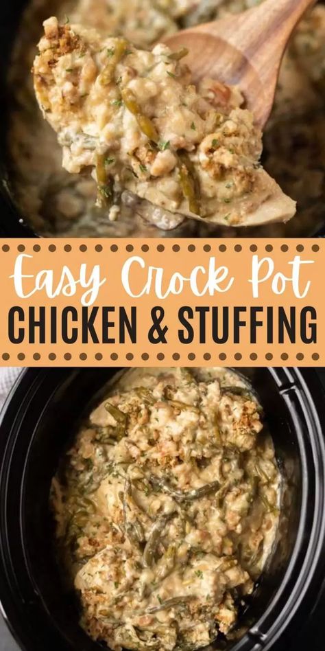 This classic Chicken and Stuffing is an easy Crock Pot recipe that is a family favorite! This easy crock pot recipe tastes like a traditional casserole without all the work! #comfortfood #slowcookerdinner #crockpotrecipes #chickenrecipes #chickenandstuffing Turkey Stuffing Casserole Crock Pot, Bland Chicken Recipes Crock Pot, Turkey Tenderloin And Stuffing Crockpot, Chicken N Stuffing Crockpot, Stove Top Stuffing Chicken Crockpot, Crock Pot Chicken With Stove Top Stuffing, Chicken And Stove Top Stuffing Casserole Crock Pot, Cheesy Chicken And Stuffing Crockpot, Chicken Stove Top Crock Pot