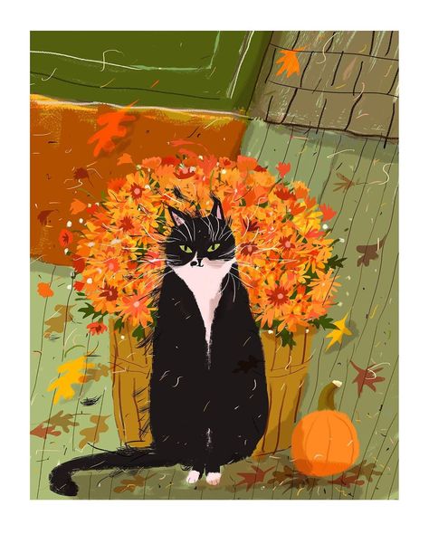 Fall Baby Cat Print Celebrate the season with this Fall Baby~! Print size: 8.5 x 11 in. with white border for framing. Image size: 8 x 10 in. Printed on fine art paper. Limited edition. Fall Cat, Fall Cats, Consciousness Art, Dancing Cat, Baby Cat, Cat Cards, Cats Illustration, Fall Baby, Windy Day