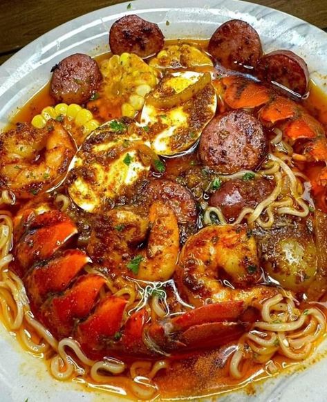 Ramen seafood boil Seafood Boil Ramen, Seafood Ramen, Ramen Ingredients, Mixed Seafood, Seafood Shrimp, Cajun Seafood, Seafood Boil Recipes, Boiled Food, Ramen Noodle Recipes