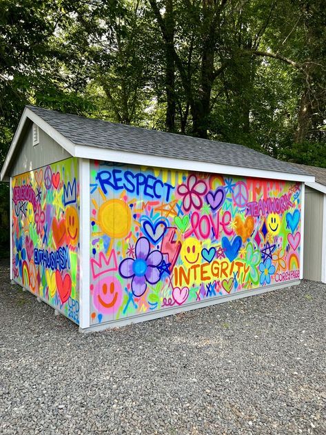 Spray painted a fun mural for a day camp! Incorporated their 5 key words: Teamwork, Integrity, Generosity, Enthusiasm, Respect Fun Mural, Garage Mural, Spray Paint Wall, Tie Dye Shirts Patterns, Spray Can Art, Camp Camp, Neon Room, Toddler Rooms, Day Camp