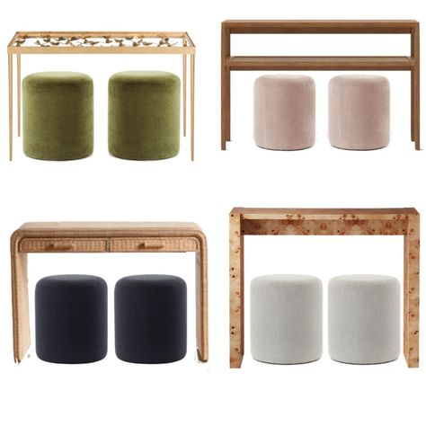 Ottoman Under Console Table Living Room, Stools For Under Console Table, Burlwood Console Table Styling, Console Table Ottoman Under, Console Table With Poufs, Stools Under Console Table, Burlwood Console Table, Ottomans Under Console Table, Entry Table With Ottomans Under