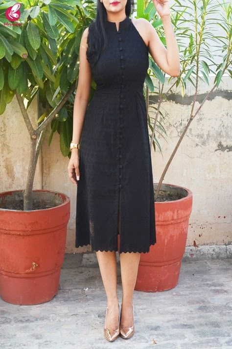 Black Cotton Kurti Design, Black Cotton Kurti, High Neck Sleeveless Dress, Black Dress Sleeveless, Black Cotton Dress, Cotton Short Dresses, Womens Dress Coats, Sleeveless Cotton Dress, Designer Kurti Patterns