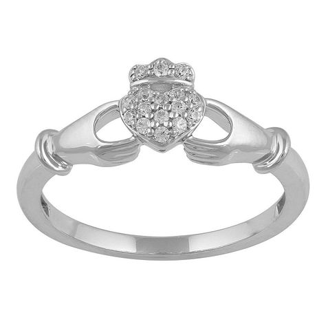 This dazzling sterling silver claddagh ring is the perfect expression of love and loyalty.Click on this JEWELRY & WATCHES GUIDE to learn about fit, styles, materials and more! Width: 21.6 mm Metal: sterling silver Finish: polished Packaging: boxedDIAMOND DETAILS Total weight: 1/10 ct. Color grade: I-J Clarity: I2-I3 Shape: round brilliant Setting: micro prong Diamond weights are approximate. Diamond total weights may vary between .01 and .08 ct. Some diamonds have fewer than 17 facets. Gemstones Diamond Claddagh Ring, Love And Loyalty, Irish Symbols, Expression Of Love, Silver Claddagh Ring, Claddagh Ring, Claddagh Rings, Right Hand Rings, Solid Metal