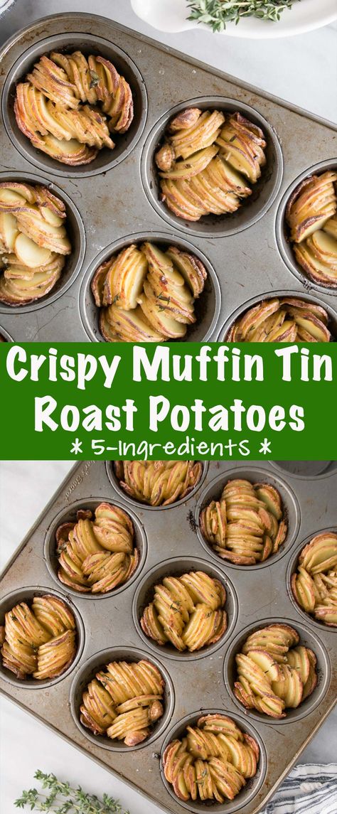 Easy sliced potato recipe that result in the tastiest crispy roast fingerling potatoes. #potatorecipe #roastpotatoes #easyrecipe Side Dishes Potato Easy, Sliced Potatoes In Muffin Pans, Potatoes Muffin Cups, Recipes For Fingerling Potatoes, Potatoes In Muffin Tin Sliced, Potato Slices In Muffin Tin, Individual Potato Recipes, Tinned Potatoes Recipes, Potato In Muffin Tin Recipe