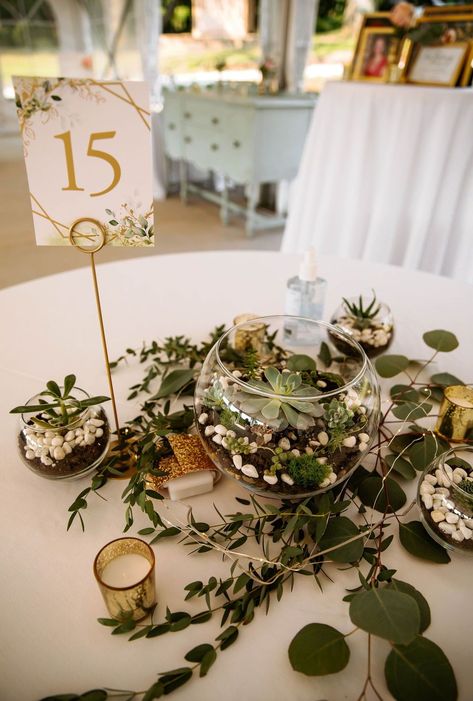 Succulent And Candle Centerpiece Wedding, Boho Terrarium Centerpiece, Round Wedding Table With Greenery, Succulents At Wedding, Succulent Wedding Decorations Wedding Table Decor, Terrarium Wedding Centerpieces, Succulent Arrangements Wedding Table, Wedding Center Piece Succulents, Wedding Centerpieces With Succulents And Flowers