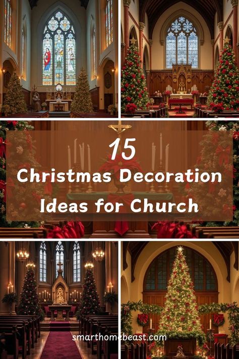 An image showcasing stunning Christmas decoration ideas for churches, including beautifully lit trees, wreaths, candle arrangements, and traditional ornamentation, all creating a warm and inviting atmosphere for the holiday season. Church Fellowship Hall Christmas Decor, Pulpit Christmas Decorations, Chapel Christmas Decorations, Church Platform Decor Ideas, Advent Decorations For Church, Sanctuary Decor Church Stage Design, Church Christmas Decorations Sanctuary, Church Altar Design Ideas, Christmas Church Decor