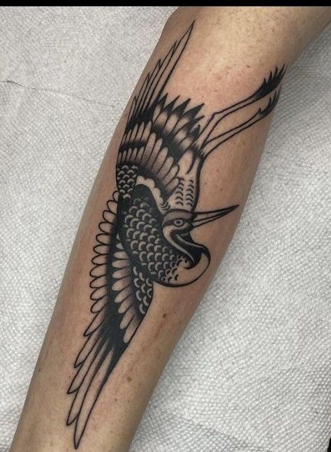 Bird Tattoo Traditional Black, Heron Forearm Tattoo, Traditional Stork Tattoo, Crane Forearm Tattoo, Traditional Sandhill Crane Tattoo, American Traditional Heron Tattoo, Two Cranes Tattoo, Arm Tattoos Traditional, Crane Tattoo Arm