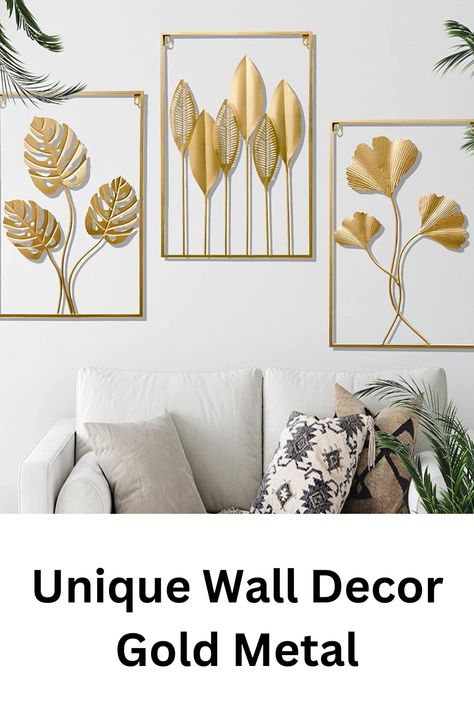 Unique Wall Decor Gold Metal Frame Floral Design Golden Wall Decor, Rooms Wallpaper, Gold Metal Wall Decor, Metal Wall Decor Living Room, Hanging Leaf, Brass Wall Art, Gold Metal Wall Art, Idea Bedroom, Walls Ideas