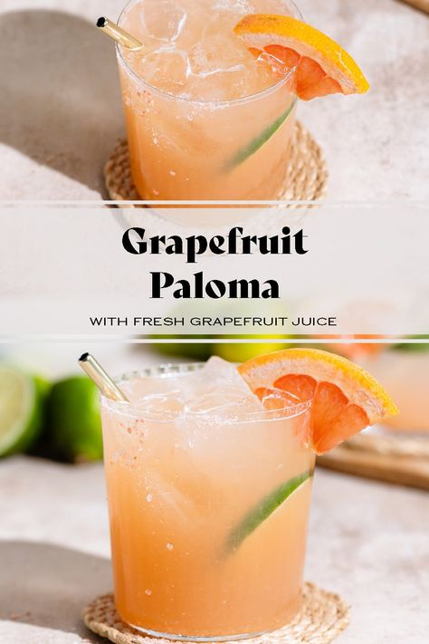 This classic Grapefruit Paloma is a cocktail similar to a margarita but with the addition of grapefruit juice and grapefruit soda. It's a delicious cocktail for any occasion and comes together really quickly. Perfect for cooling down in the summer or during the citrus season in the winter - practically all year round! The recipe includes a non-alcoholic Paloma version. via @healthfulideas Grapefruit Paloma, Tequila Based Cocktails, Vegan Drinks Recipes, Grapefruit Cocktail, Paloma Cocktail, Grapefruit Soda, Make Simple Syrup, Cocktail Bitters, Slice Of Lime