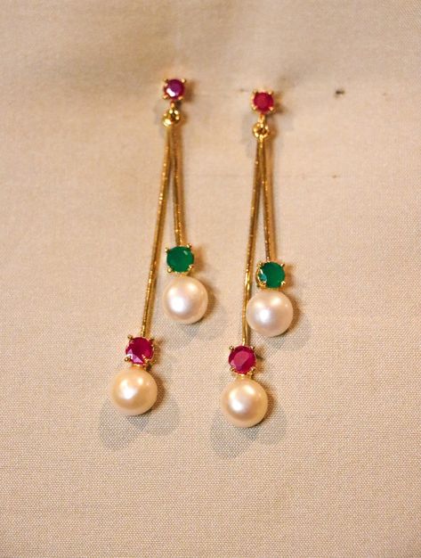 Dangler Earrings, Drop Earrings, Ruby & Emerald Bridal Earrings, Bridal Jewelry Freshwater Pearl Drop Earrings, Dangler Earrings, Baby Earrings, Gold Earrings For Women, Ruby Emerald, Gold Earrings Designs, Gold Jewelry Indian, Emerald Earrings, Earrings Drop