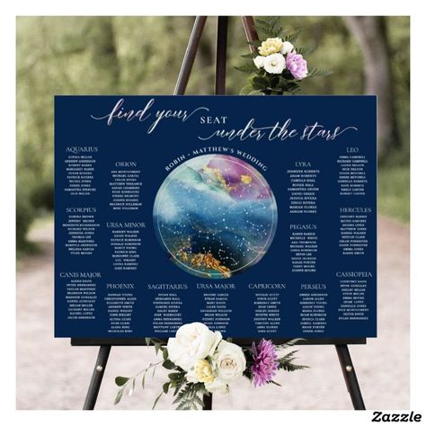 Moon Wedding Theme, Watercolor Celestial, Celestial Watercolor, Blue And White Watercolor, Constellation Wedding, Seating Chart Sign, Galaxy Wedding, Find Your Seat, Starry Night Wedding