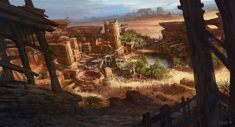 Desert town Desert Town, Desert Environment, Rpg Map, Location Inspiration, Desert Oasis, Fantasy City, Fantasy Setting, Fantasy Places, Landscape Scenery