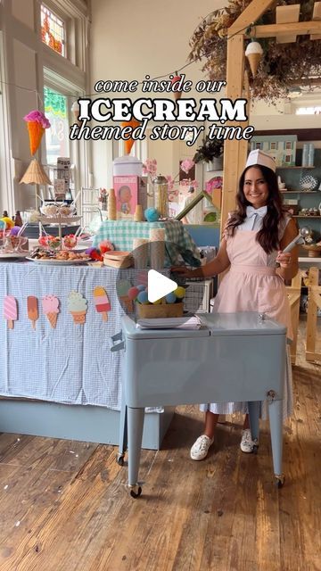 Emily Schmidt Riddle | KY Decorator + Cozy Vintage Home Inspo on Instagram: "Come inside our ICECREAM themed story time🍦🍨🍬 I love a theme and this vintage icecream parlor theme is always a favorite! We had a full icecream bar with a slew of toppings, made an ice cream cone craft, read Icecream Face and Vanilla Bean, played ice cream parlor, and colored ice cream cardboard trucks! Save this for plenty of ideas for your next ice cream social (this is a perfect and easy back to school or end of summer party theme!) {thanks to @devyn_allen for making the cutest treats and craft!}. Our next story time is Where the Wild Things Are on August 14th at 10AM (sign up august 11th at 8PM). #gatheredlivingstoryhour  . . . . #storyhour #storytime #trulyscumptious #vintageicecreamtruck #vintageicecream Ice Cream Cardboard, Ice Cream Bar Party Ideas, Ice Cream Party Bar, Summer Party Theme, Ice Cream Parlor Party, Ice Cream Cone Craft, End Of Summer Party, Vintage Party Theme, Play Ice Cream