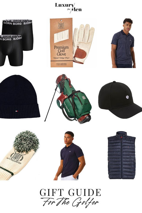 A collection of premium golf gear, including stylish polos, luxury accessories, and sleek golf bags, all designed to enhance performance and style on the course. Old money golf vibe. Golf Gifts For Him, Golf Gift Ideas, Christmas Presents For Men, Gift Ideas For Dad, Luxury Christmas Gifts, Bbq Gifts, Golf Gift, Golf Clothing, Golf Lover