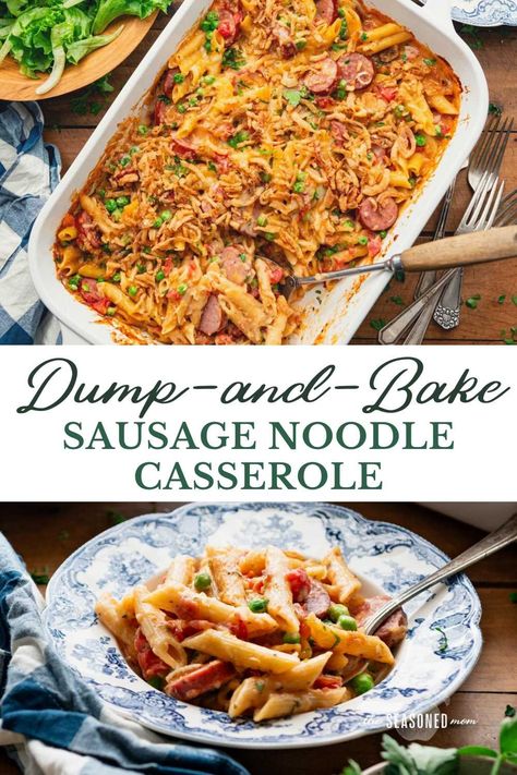 You don’t even have to boil the pasta, brown the sausage, or sauté the vegetables for this dump-and-bake sausage noodle casserole! With smoked sausage, diced tomatoes, French fried onions, cheese, peas, and pasta, it’s a one dish meal that makes weeknight dinners easy! Casserole With Smoked Sausage, Peas And Pasta, Sausage Noodles, Smoked Sausage Casserole, Cheese Peas, Smoked Sausage Pasta, Dump And Bake, Dinners Easy, The Seasoned Mom