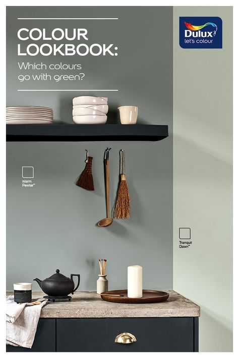 Combine green and grey for a contemporary kitchen design. Tranquil Dawn, Dulux Paint Colours, Kitchen Paint Colors, Paint Companies, Kitchen Paint, Stylish Kitchen, Colour Board, Living Room Colors, Interior Trend