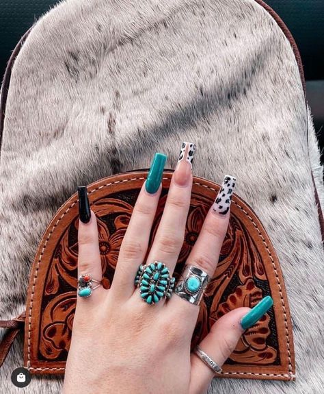 Boho Western Nails, Western Style Nails, Country Acrylic Nails, Rodeo Nails, Cowboy Nails, Western Nails, Boho Nails, Country Nails, Turquoise Nails