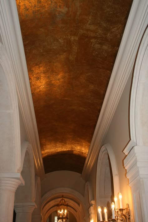 Barrel vault ceiling in foil finish by artist Sue Solitaire, artofsolitaire.com Barrel Ceiling Ideas, Amazing Ceilings, Tiny Hallway, Vault Ceiling, Vaulted Ceiling Ideas, Barrel Vault, Barrel Vault Ceiling, Ceiling Domes, Barrel Ceiling