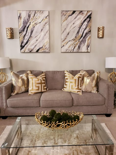 Tan And Gold Kitchen Ideas, Brown Gold White Living Room, Chocolate And Gold Living Room Ideas, Brown Gold Living Room Decor, Brown And Gold Living Room Ideas, Ivory And Gold Living Room, Gold Brown Living Room, Gold Grey Living Room, Living Room Decor Gold Accents