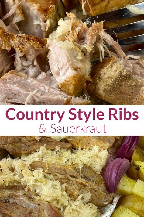 Collage of tender country style ribs and sauerkraut with text Country Pork Ribs And Sauerkraut, Country Style Pork Ribs And Sour Kraut, Crockpot Saurkraut And Pork Ribs, Country Ribs With Sauerkraut Crock Pot, Crockpot Country Style Pork Ribs With Sauerkraut, Country Ribs And Sauerkraut Oven, Spareribs And Sauerkraut In Crockpot, Country Style Pork Ribs With Sauerkraut, Country Style Ribs And Sauerkraut Recipe