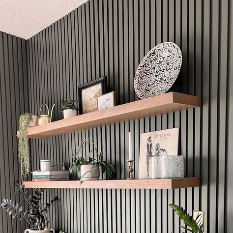 BAILEY ↠ decor∙diy projects on Instagram: "That reveal transition tho 🔥 This project - all 236 slats of it - still has my heart. What’s the DIY project you’re most proud of? . . . . . . #diyproject #diyproiects #beforeandafterhomeedition #diylikeamother #diycanada #ladieswhodiy #slatwall #floatingshelves" Slat Wall Dining Room, Slat Wall With Shelves, Dining Room Diy, Diy Slat Wall, Vertical Slats Wall, Wall Dining Room, Diy Floating Shelves, Living Room Panelling, Slate Wall