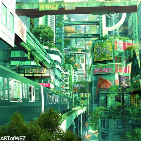 The City Of The Future by Derek Weselake - www.artofwez.com Eco City, Train Truck, Soul Train, Punk Art, Truck Art, Green City, Fantasy City, Fantasy Places, Futuristic City