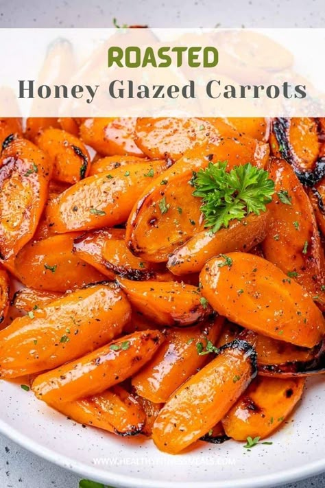 These Roasted Honey Glazed Carrots are an easy, delicious side dish made in under 30 minutes. The tender carrots are covered in a sweet honey garlic sauce and packed with nutrients, perfect for a vegetarian side. Plus the whole recipe is baked in one dish for easy cleanup. #glazedcarrots #honeycarrots #honeyglazedcarrots #sidedish #healthy Honey Roasted Potatoes And Carrots, Sauce For Carrots, Mashed Sweet Potatoes Healthy, Honey Glazed Carrots Recipe, Honey Glazed Roasted Carrots, Caramelized Carrots, Honey Carrots, Glazed Carrots Recipe, Honey Glazed Carrots