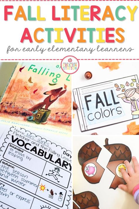 FALL ACTIVITIES FOR EARLY LEARNERS Fall Literacy Activities First Grade, Fall Reading Activities Kindergarten, Fall Literacy Activities, Fall Reading Activities, Ela Stations, Teaching Prek, Learning Outside, Emergent Curriculum, Literacy Activities Kindergarten