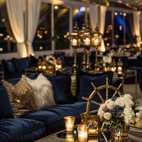 Luxe tent lounge vibes! Starlight, fairy lights, and nautical elegance! Blue and gold lux lounge #nauticalparty #luxurytent #outdoorlounge #eventinspiration Yacht Wedding Decor, Yacht Party Theme, Cruise Theme Parties, Cruise Ship Party, Navy Blue Napkins, Jeweled Picture Frame, Nautical Party Decorations, Booth Decor, Nautical Themed Party