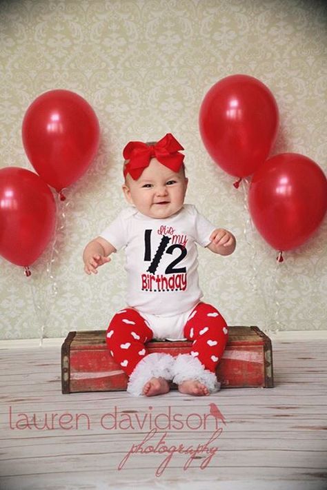 Half Birthday Valentines Day, Valentines Half Birthday Girl, 6 Month Valentine Pictures, Valentines Day Picture Ideas, Half Birthday Photos, Necklace Shoot, 3 Month Old Baby Pictures, 6 Month Session, Half Birthday Baby