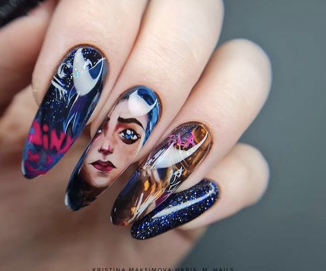 Arcane Nails, Jinx Nails, Jinx From Arcane, Jinx Art, Jinx Arcane, Nail Drawing, Anime Nails, Stylish Nails Designs, Goth Nails